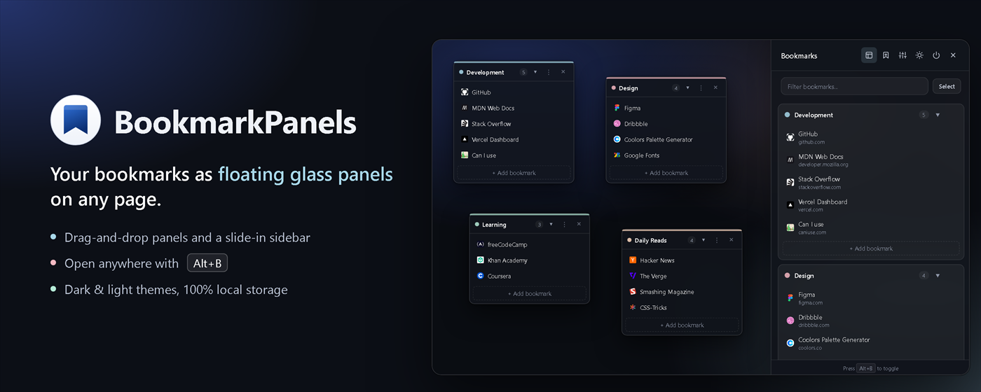 BookmarkPanels: floating bookmark panels and a slide-in sidebar